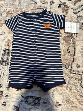 Carter's Navy & White Striped Short-Sleeve One-Piece with Orange Crab